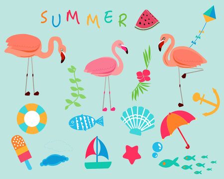 Flamingo with tropical summer iconのイラスト素材