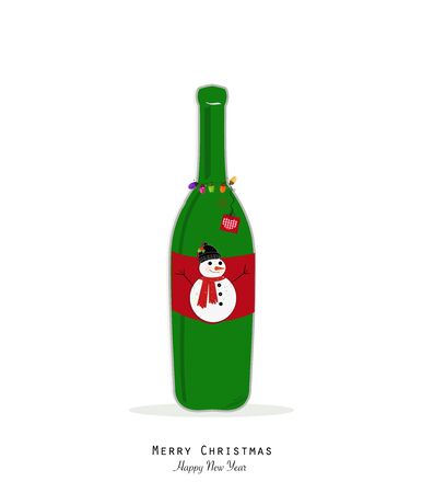 Christmas champagne bottle with snowman and colorful christmas light bulb.のイラスト素材