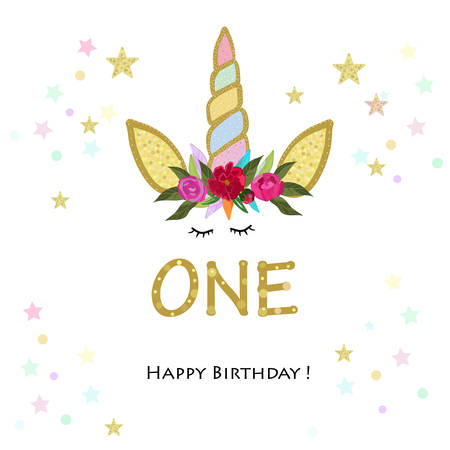 First birtday. Forward. Unicorn Birthday invitation. Party invitation greeting cardのイラスト素材
