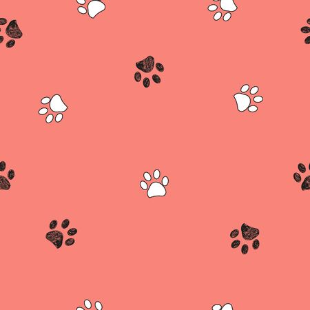 Black doodle paw prints with orange background seamless pattern. Happy Halloween backgroundのイラスト素材