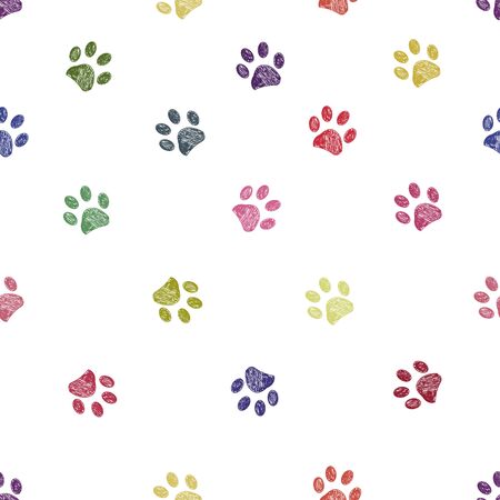 Vibrant colorful doodle paw prints seamless for textile design patternのイラスト素材