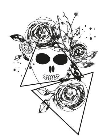 Abstract rose silhouette. Skull. Triangle geometric rose. Summer time abstract black flowers. Nature theme. Abstract tattooのイラスト素材