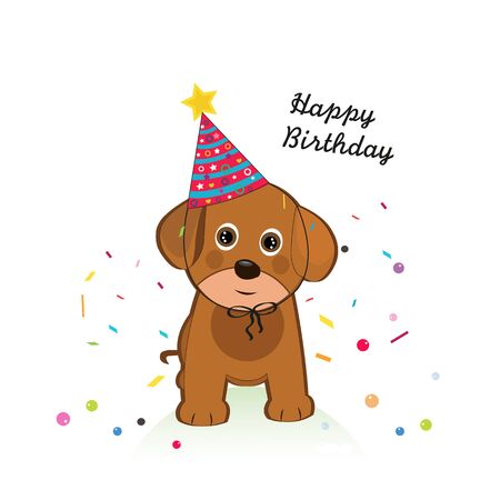 Dog with balloon and confetti. Happy birthday greeting cardのイラスト素材