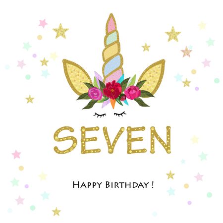Seventh birtday. Loving. Unicorn Birthday invitation. Party invitation greeting cardのイラスト素材