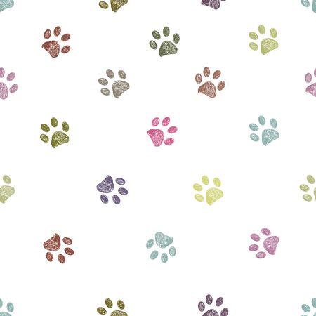 Vibrant colorful doodle paw prints seamless for textile design patternのイラスト素材