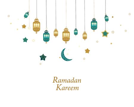 Ramadan Kareem gold and green colored with hanging lamps, crescents and stars. Traditional lantern of Ramadan greeting cardのイラスト素材