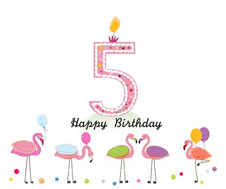 Five candles. Happy fifth birthday candle letter. Exotic birds. Set of different poses. Colorful Flamingoのイラスト素材