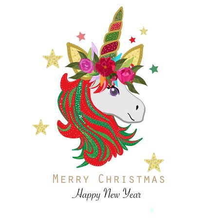 Merry Christmas magical Unicorn. Happy new year greeting cardのイラスト素材
