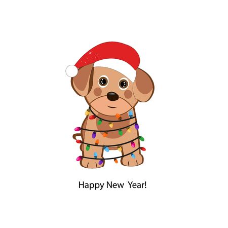 Cute dog with Santa Claus hat and light bulb. Happy new year greeting cardのイラスト素材