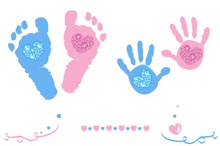 Twin baby girl and boy feet and hand print arrival card pink, blue colored with shining diamonds heartsのイラスト素材