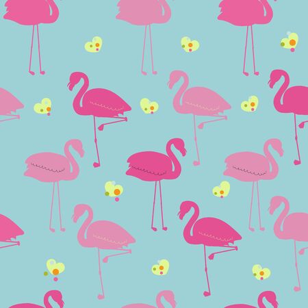 Pink flamingos with different poses seamless pattern turquoise backgroundのイラスト素材