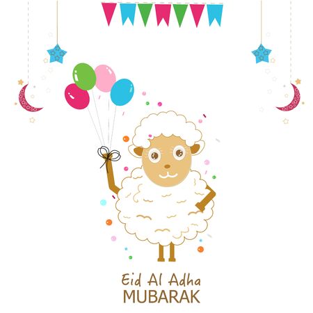 Sheep holding colorful balloon greeting card. Islamic festival of sacrifice, Eid al-adha celebration greeting cardのイラスト素材