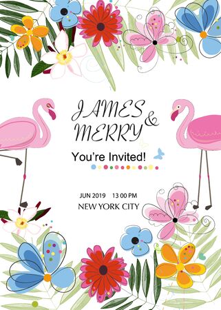 Flamingo couple. Colorful wedding invitation card. Flamingo theme. Tropical flowers. Baby shower, Summer party cardのイラスト素材