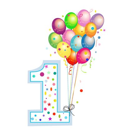 Happy first birthday candle. One numbered balloon. Colorful balloons. Greeting card backgroundのイラスト素材