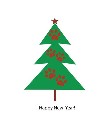 Tree with paw prints. New year greeting cardのイラスト素材