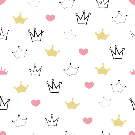 Doodle gold crown and hearts. Seamless little princess illustration pattern for fabric designのイラスト素材