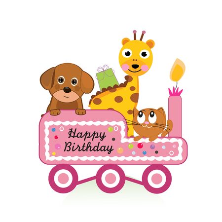 Dog, cats and giraffe with train. Happy birthday greeting card. Birthday train with animals.のイラスト素材