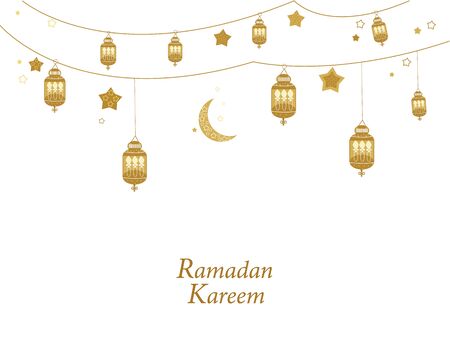 Ramadan Kareem gold colored with lamps, crescents and stars. Traditional lantern of Ramadan greeting cardのイラスト素材