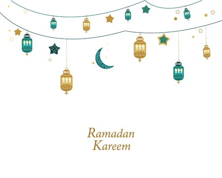 Ramadan Kareem gold and green colored with lamps, crescents and stars. Traditional lantern of Ramadan greeting cardのイラスト素材