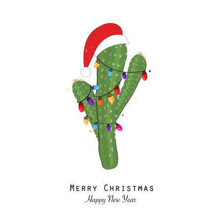 Cactus with colorful light bulb and santa claus hat. Merry christmas and happy new year greeting cardのイラスト素材