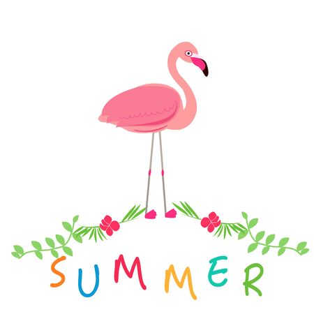 Summer icons with pink flamingo. Summer time backgroundのイラスト素材