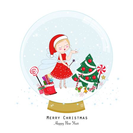 Snow globe. Happy new year merry Christmas greeting card. Santa Claus fairy tale sending fairy dustのイラスト素材