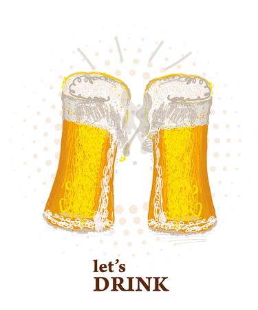 Two glasses of beer toasting creating splash.Beer festival. Beer glassのイラスト素材