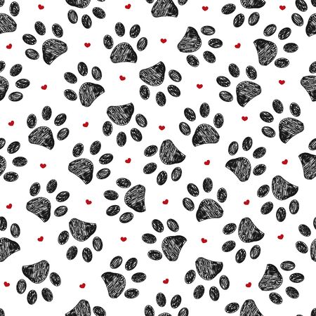 Doodle paw print and red shining star seamless fabric design repeated patternのイラスト素材