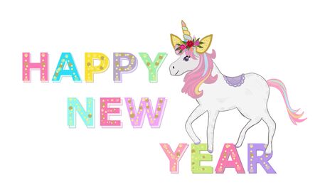 Magical unicorn horse happy new year greeting card vectorのイラスト素材