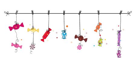Hanging colorful hand drawn sweet candy. Traditional candies for Seker Bayram holiday. Greeting Card backgroundのイラスト素材
