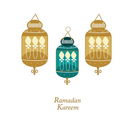 Hand drawn Ramadan Kareem gold and green colored with lamps, crescents and stars. Traditional lantern of Ramadan greeting card backgroundのイラスト素材