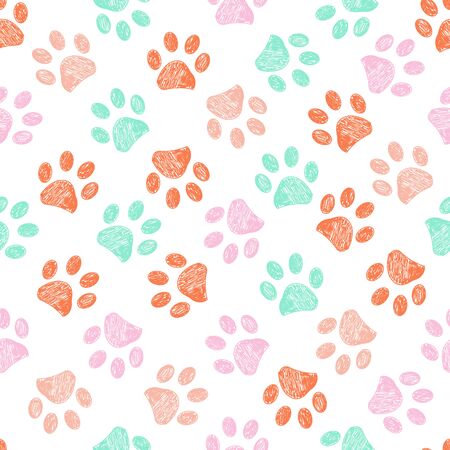 Doodle paw prints pink, orange and green colors seamless vector pattern for fabric designのイラスト素材