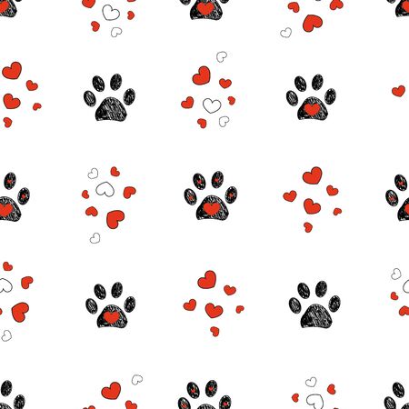 Doodle black paw prints with red heart vector seamless pattern for fabric designのイラスト素材