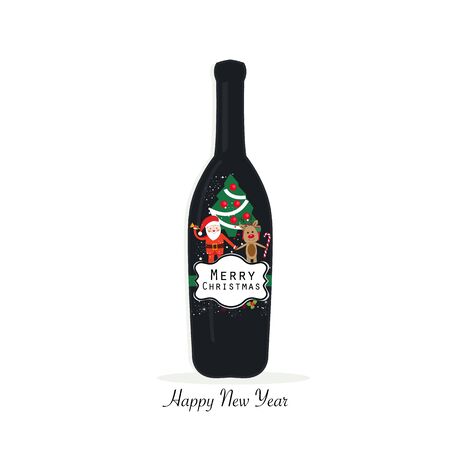 Christmas black wine bottle with Santa Claus, deer and tree vector greeting cardのイラスト素材