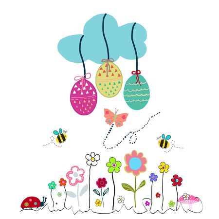 Colorful easter meadow with egg, flowers. Easter and spring time vector backgroundのイラスト素材
