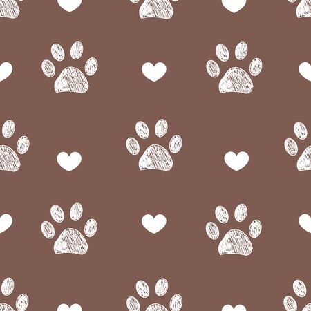Doodle white paw prints and hearts vector with brown background seamless pattern for fabricのイラスト素材
