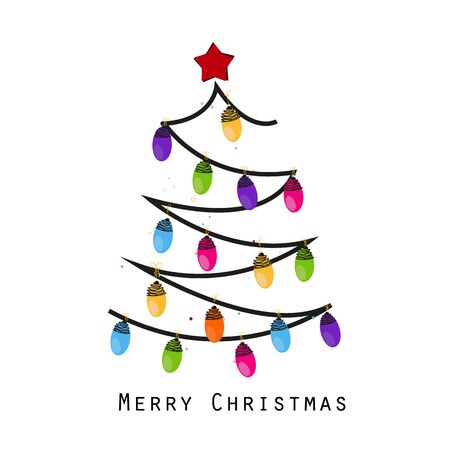 Christmas tree made of light bulb and lines. Happy new year and merry Christmas greeting cardのイラスト素材
