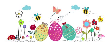 Colorful easter banner meadow with egg, flowers. Easter and spring time vector backgroundのイラスト素材