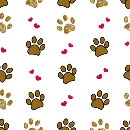 Brown doodle paw print with hearts seamless patternのイラスト素材