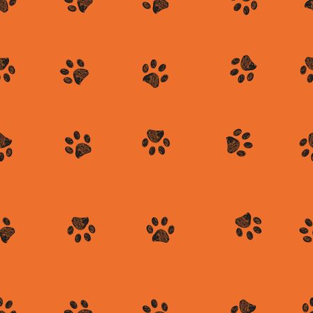 Black doodle paw prints with orange background seamless pattern. Happy Halloween backgroundのイラスト素材