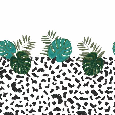 Leopard pattern with hand drawn monstera leaves. Border design tropical vector seamless floral pattern background. Decorative beautiful illustration wallpaperのイラスト素材