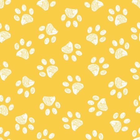 Doodle white paw print seamless fabric design repeated pattern yellow backgroundのイラスト素材