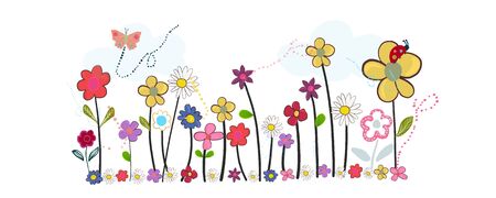 Spring time cartoon colorful doodle flowers. Abstract colorful floral vector backgroundのイラスト素材