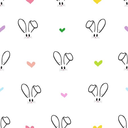 Cute bunny, rabbit face and colorful hearts easter pattern background. Happy easter greeting card, advertisement, fabric design seamless pattern vector illustrationのイラスト素材