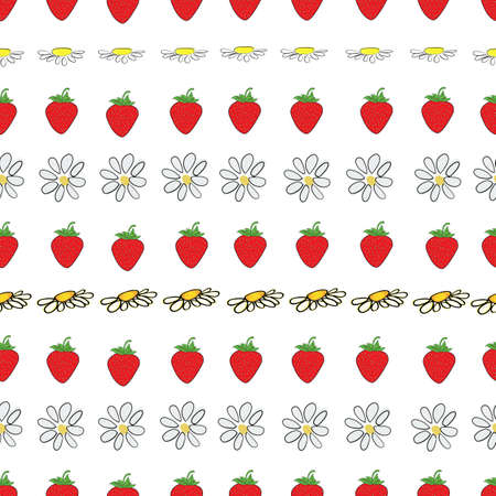 Seamless kids pattern with strawberry and daisy flower. Seamless kids fruit and daisies pattern with hand life and hearts. Scandinavian for fabric design pattern, wrapping paper, wallpaper, backgroundのイラスト素材