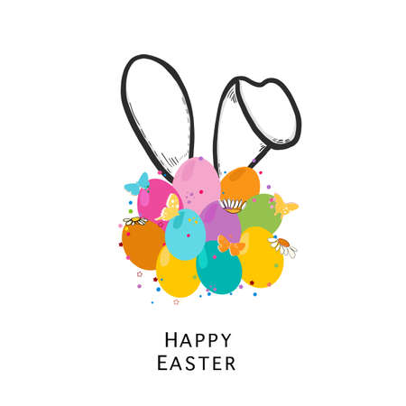 Bunny rabbit ear and eggs simple Happy Easter. Fabric, T-shirt design, photo, easter element vector illustrationのイラスト素材
