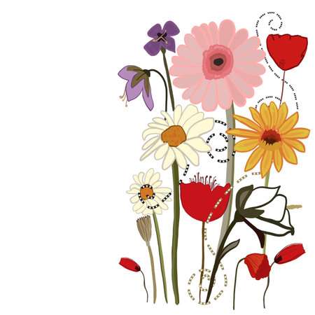 Spring time decorative flower illustration blossom background. Poppies, daisies. Spring summer greeting cardのイラスト素材