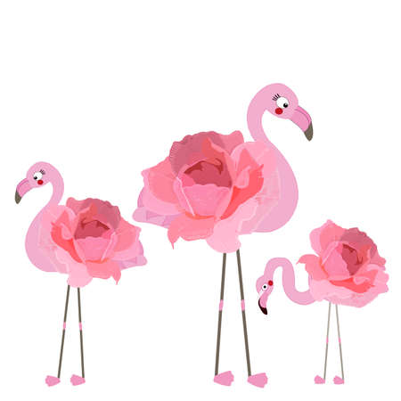 Flamingo with pink hand drawn roses vector illustrationのイラスト素材