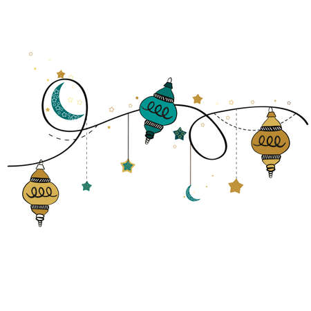 Ramadan Kareem gold and green lamps, crescent and stars Traditional lantern of Ramadan greeting card illustrationのイラスト素材