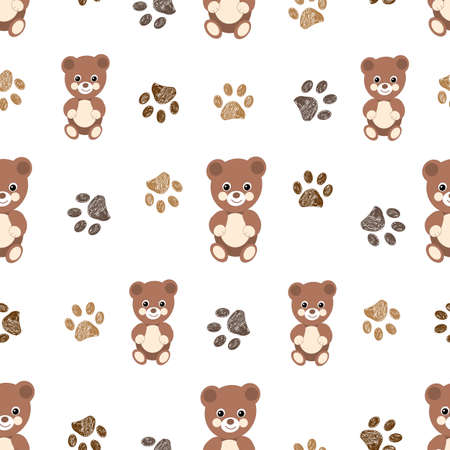 Cute brown teddy bears with foot print. Seamless children patternのイラスト素材